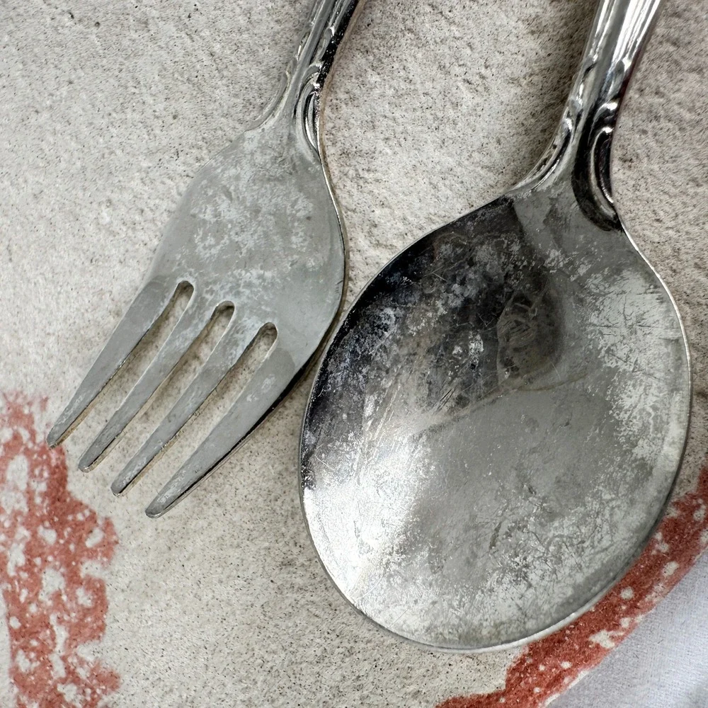 Vintage 4.25 Child Fork Spoon Set Floral Baroque Handle‎ Stainless Japan